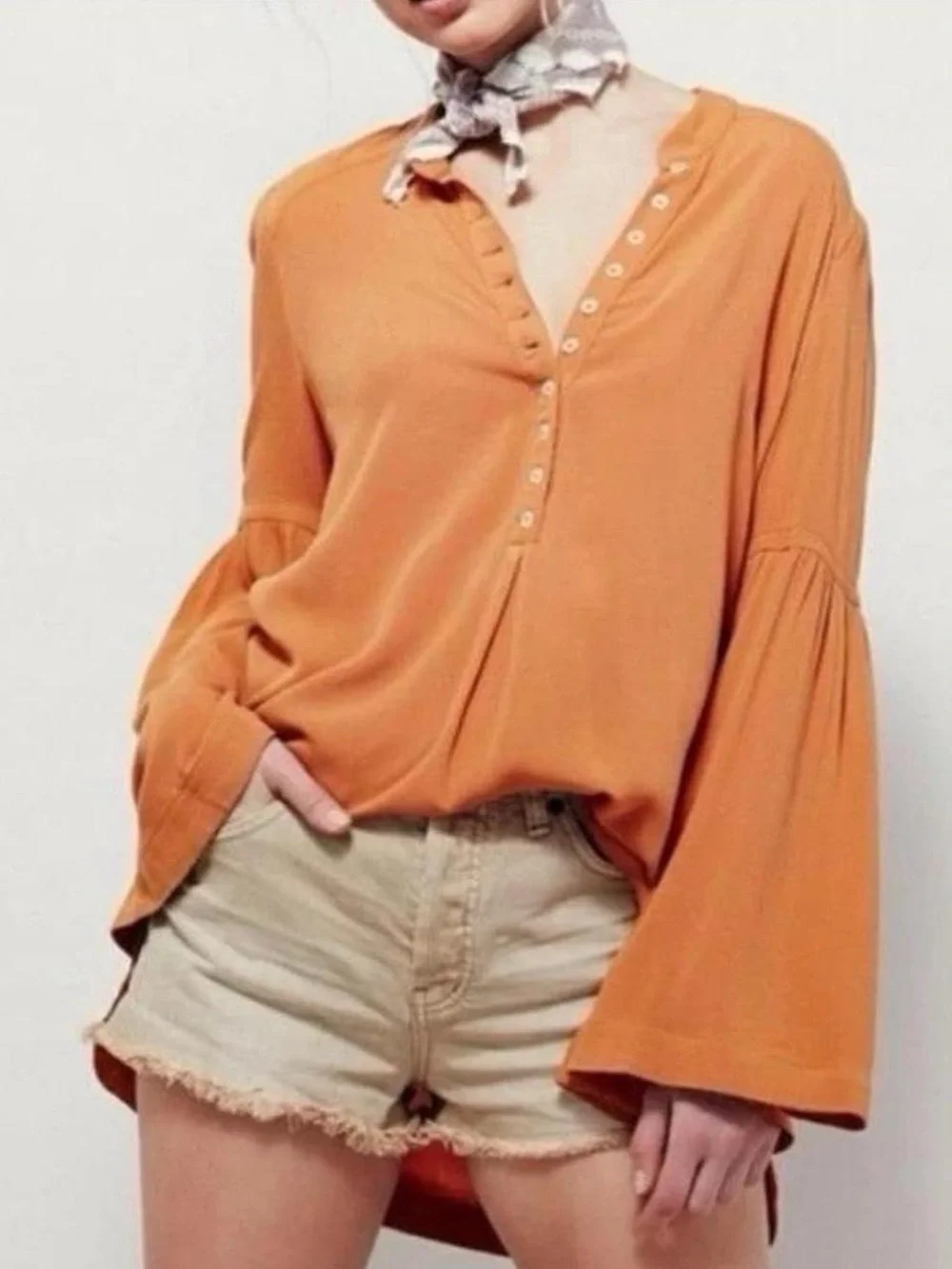 Free People Easy Girl Tunic Top Dramatic Wide Boho Bell Sleeves, Henley Sz XS